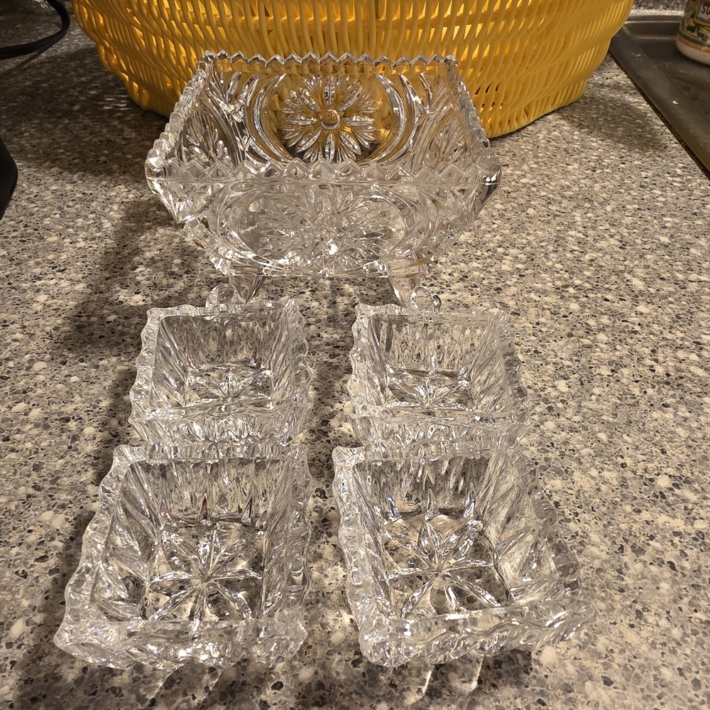 EAPG Pinwheel And Hobstar Square Footed Compote Candy Dish with 4 Small Dishes